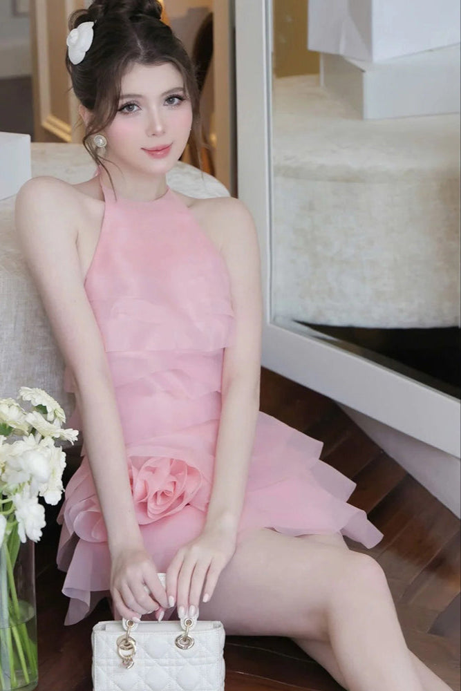 3d flower halter ruffle layer mini dress in pink - Stylish pink dress for special occasions | Buy Online