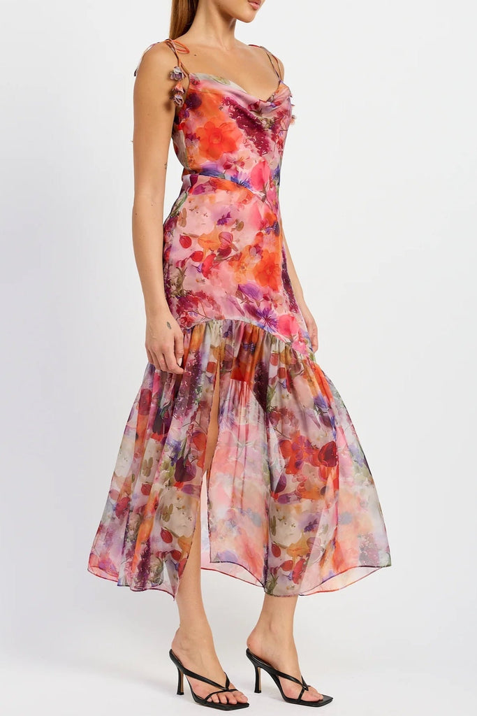 Shop  red dress - Perfect for special occasions | Red Multi Floral Tie Strap Midi Dress