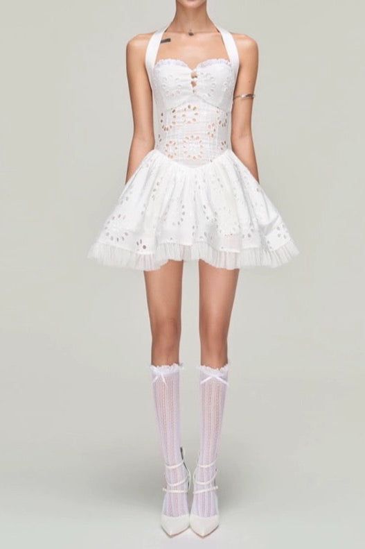 Stylish red dress | halter embroidered hollow mini dress in white - Ideal for special occasions