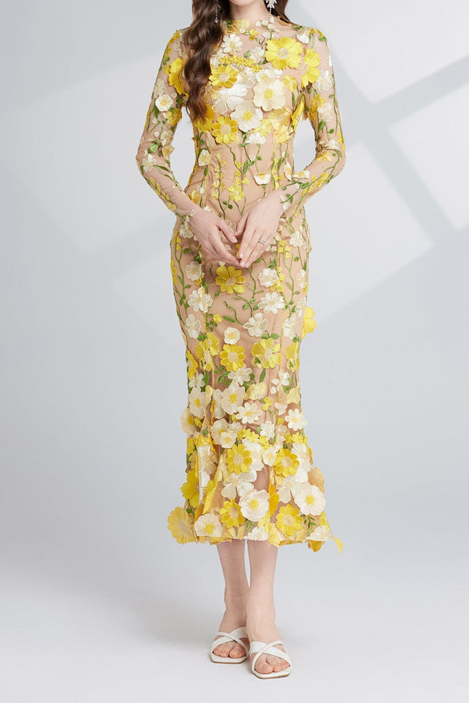 Stylish yellow dress | CAROL YELLOW FLORAL EMBROIDERY MESH LONG SLEEVE MIDI DRESS - Ideal for special occasions