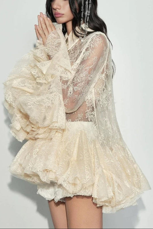maxine apricot Mesh Lace Ruffled Trumpet Sleeve Shirt Dress Shorts Set