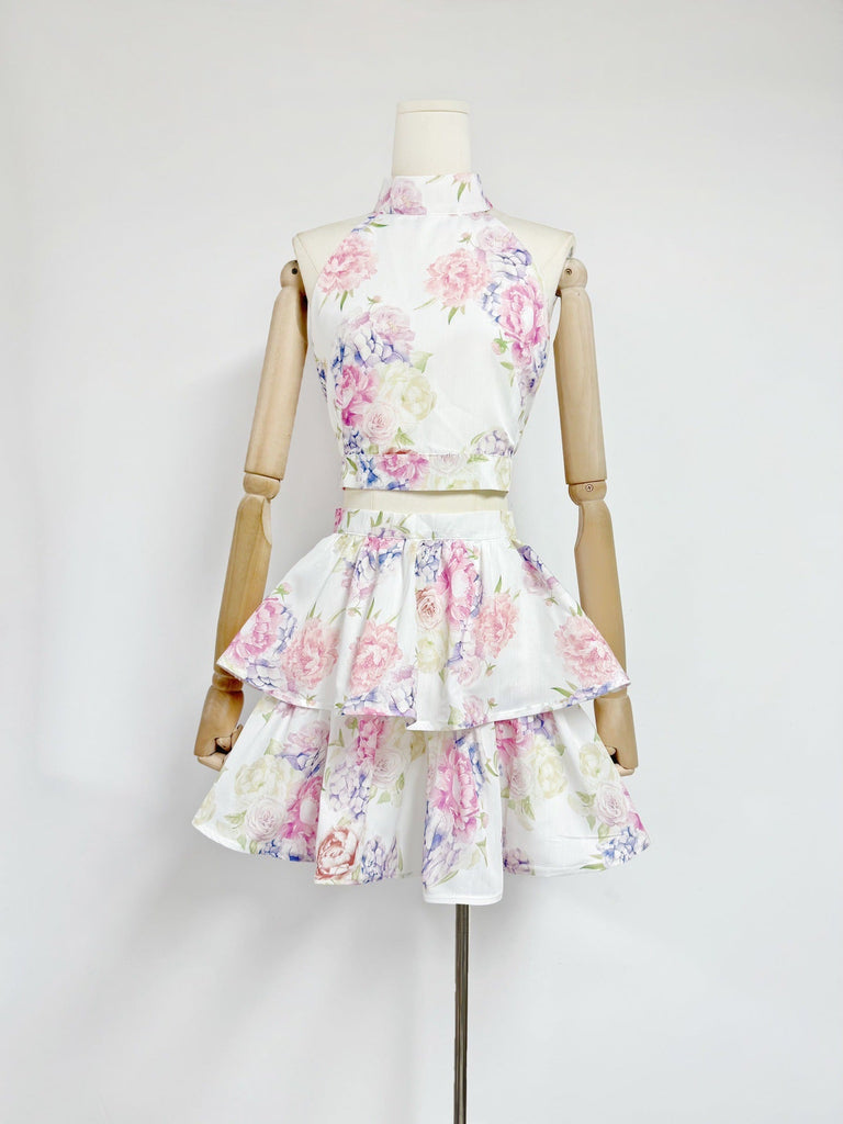 jessica printed backless halter top skirt set in pink - Stylish pink dress for special occasions | Buy Online