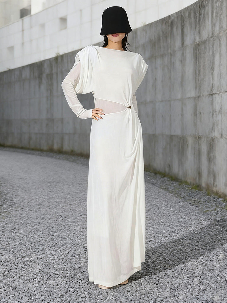 Shop  white dress - Perfect for special occasions | beryl pleated Knitted Fabric Maxi Dress in white