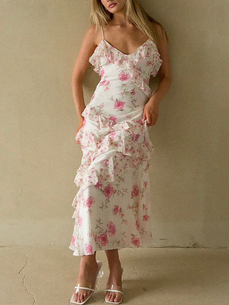 Shop  red dress - Perfect for special occasions | Floral Ruffle Tiered Maxi Dress - Pink & Ivory