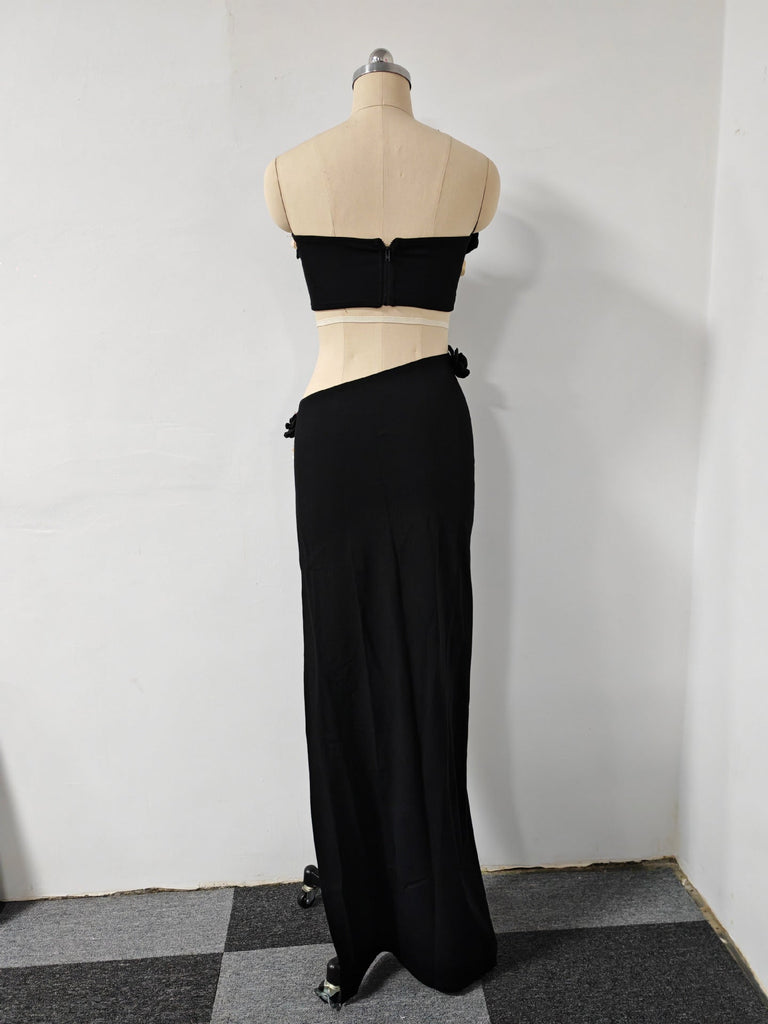 black High Slit Tassels 3d Flowers Strapless Maxi Set - Stylish black maxi for special occasions | Buy Online