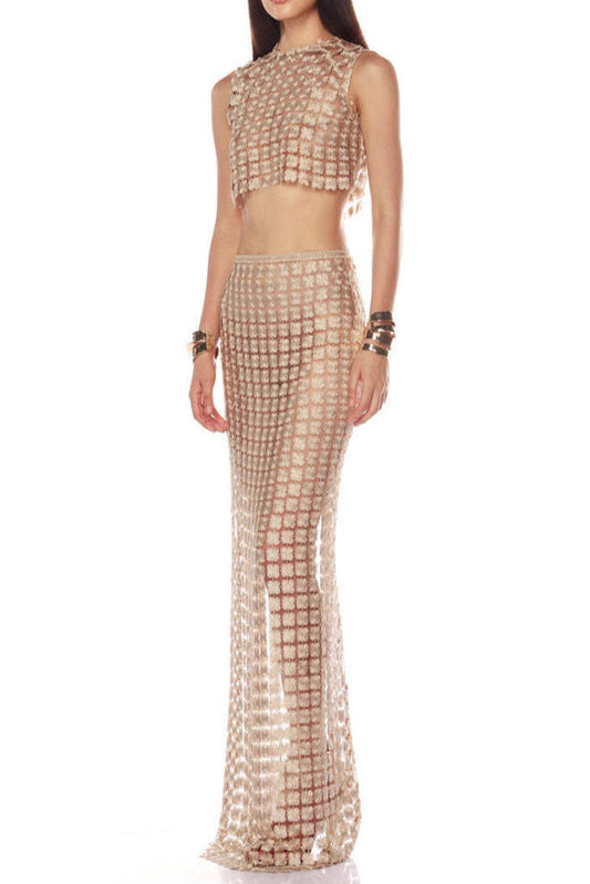 martina apricot Sheer plaid fishtail maxi skirt two piece of set