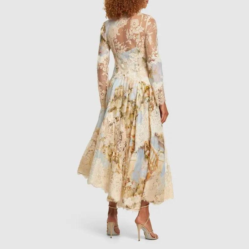 Shop  beautiful dress - Perfect for special occasions | kristin Long Sleeves Floral Printed Asymmetric Lace Maxi Dress