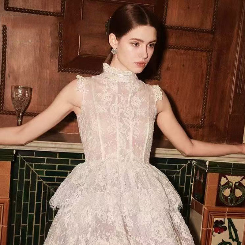 Stylish white dress | Sleeveless Stand Collar Lace Tutu mini dress in white - Ideal for special occasions