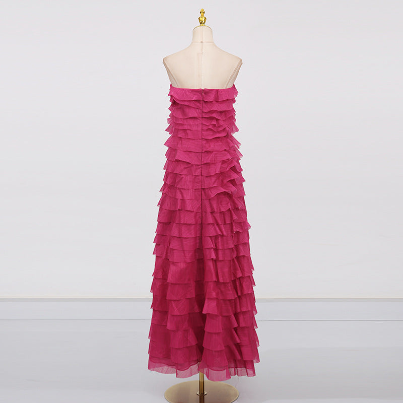 cathy Pleated layer strapless maxi dress in rose red