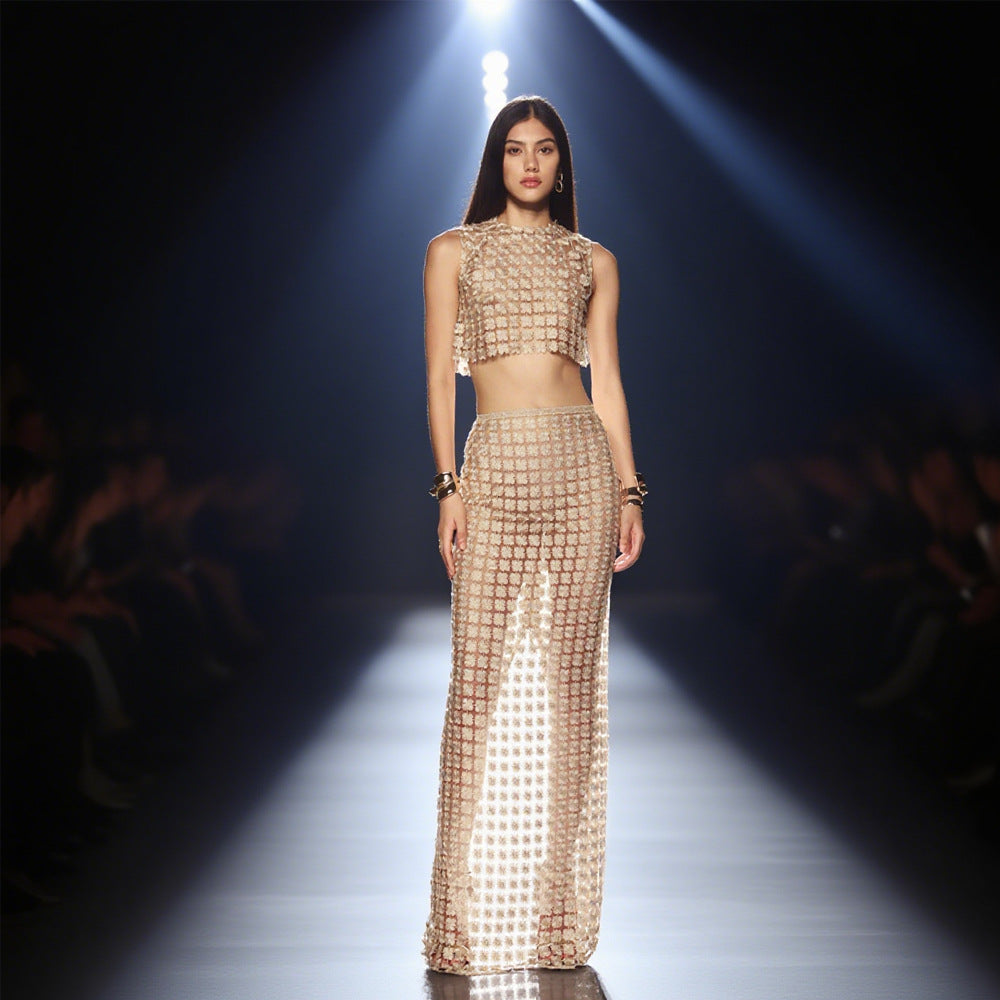 martina apricot Sheer plaid fishtail maxi skirt two piece of set - Stylish beautiful maxi for special occasions | Buy Online