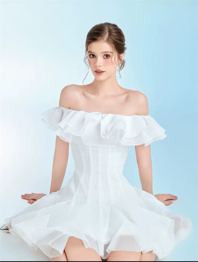 Stylish white dress | stephanie off-shoulder ruffle trim mini dress in white - Ideal for special occasions
