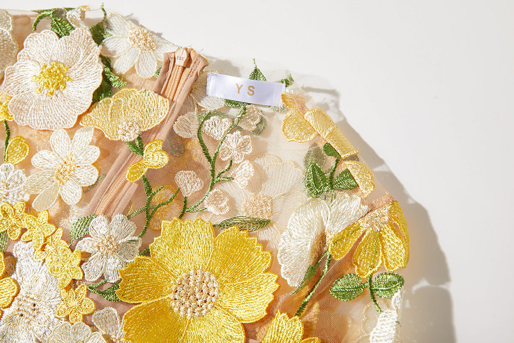 Stylish yellow dress | CAROL YELLOW FLORAL EMBROIDERY MESH LONG SLEEVE MIDI DRESS - Ideal for special occasions
