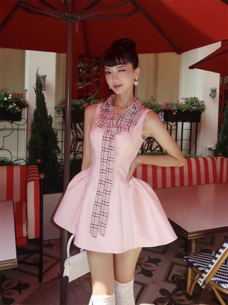 Shop  pink dress - Perfect for special occasions | Checked Shirt Collar Sleeveless Puffy mini Dress in pink