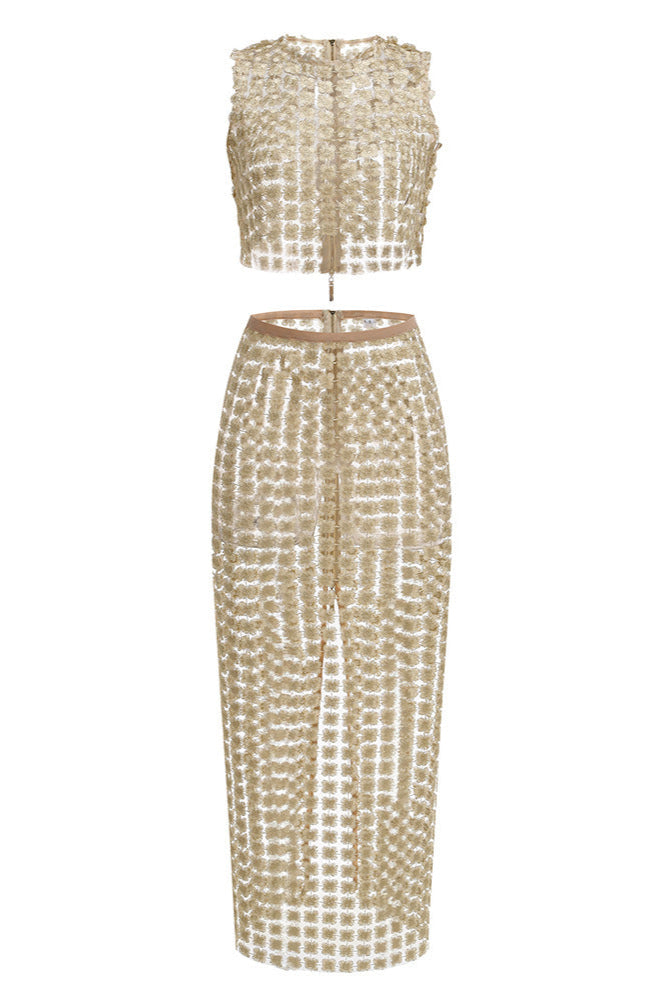 Shop  beautiful maxi - Perfect for special occasions | martina apricot Sheer plaid fishtail maxi skirt two piece of set