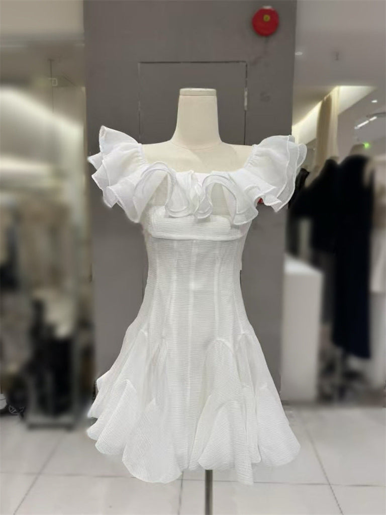 Shop  white dress - Perfect for special occasions | stephanie off-shoulder ruffle trim mini dress in white
