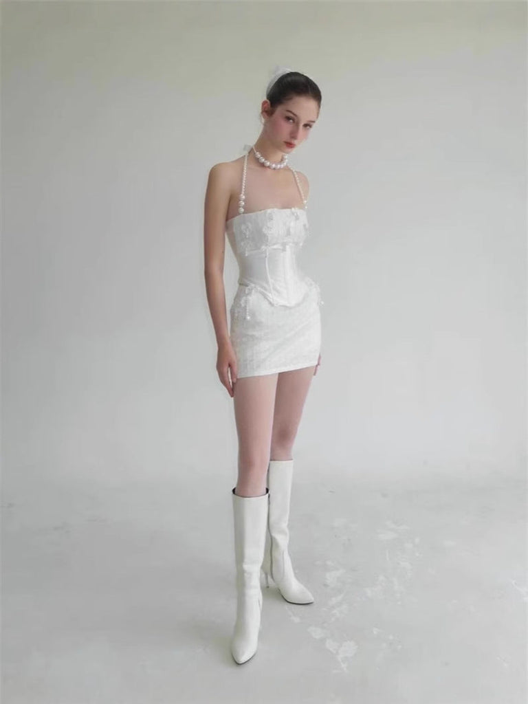 Stylish white dress | pearl fishbone wrap top skirt set in white - Ideal for special occasions