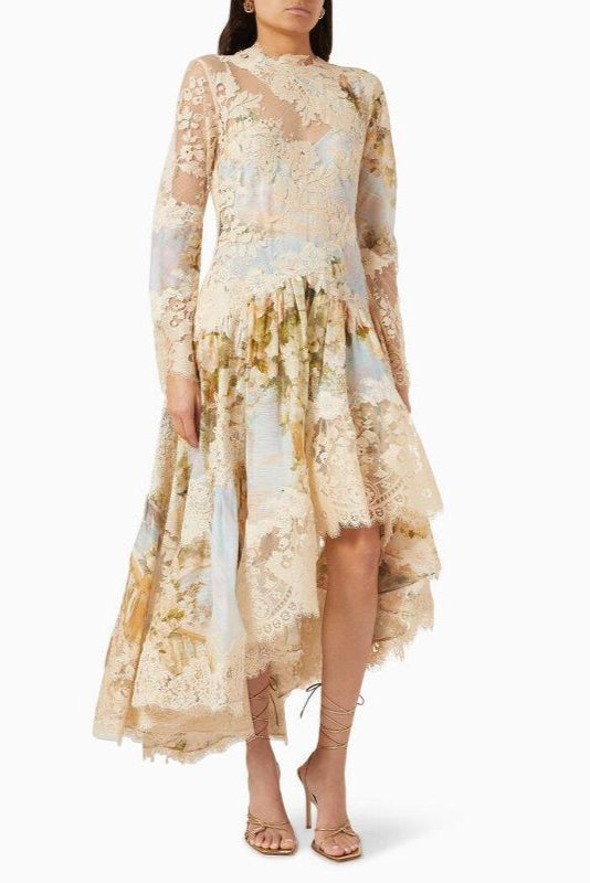 Shop  beautiful dress - Perfect for special occasions | kristin Long Sleeves Floral Printed Asymmetric Lace Maxi Dress