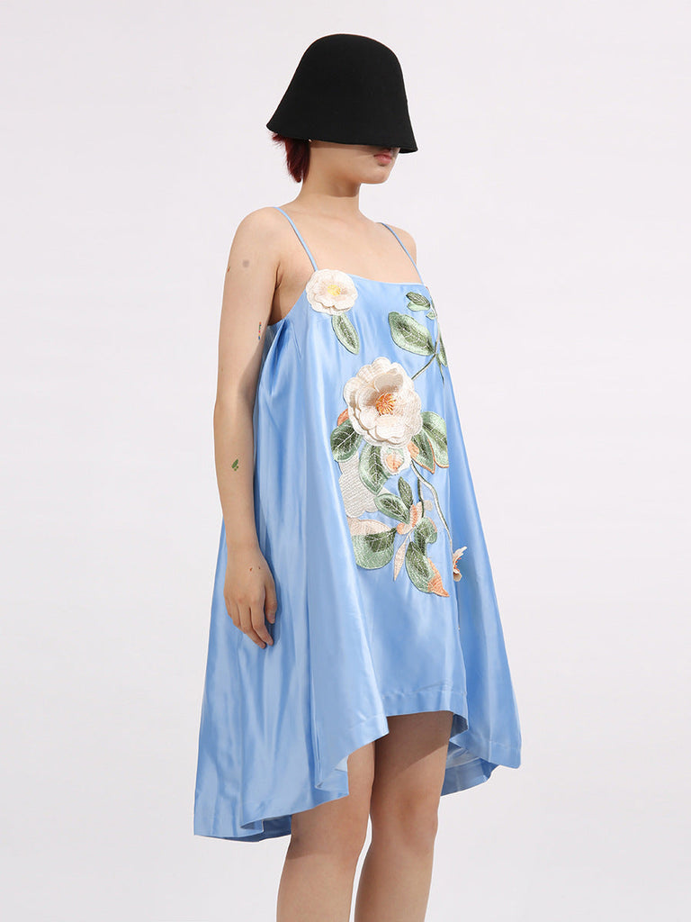 Stylish red dress | evangeline applique floral Embroidered Mini Dress in blue - Ideal for special occasions