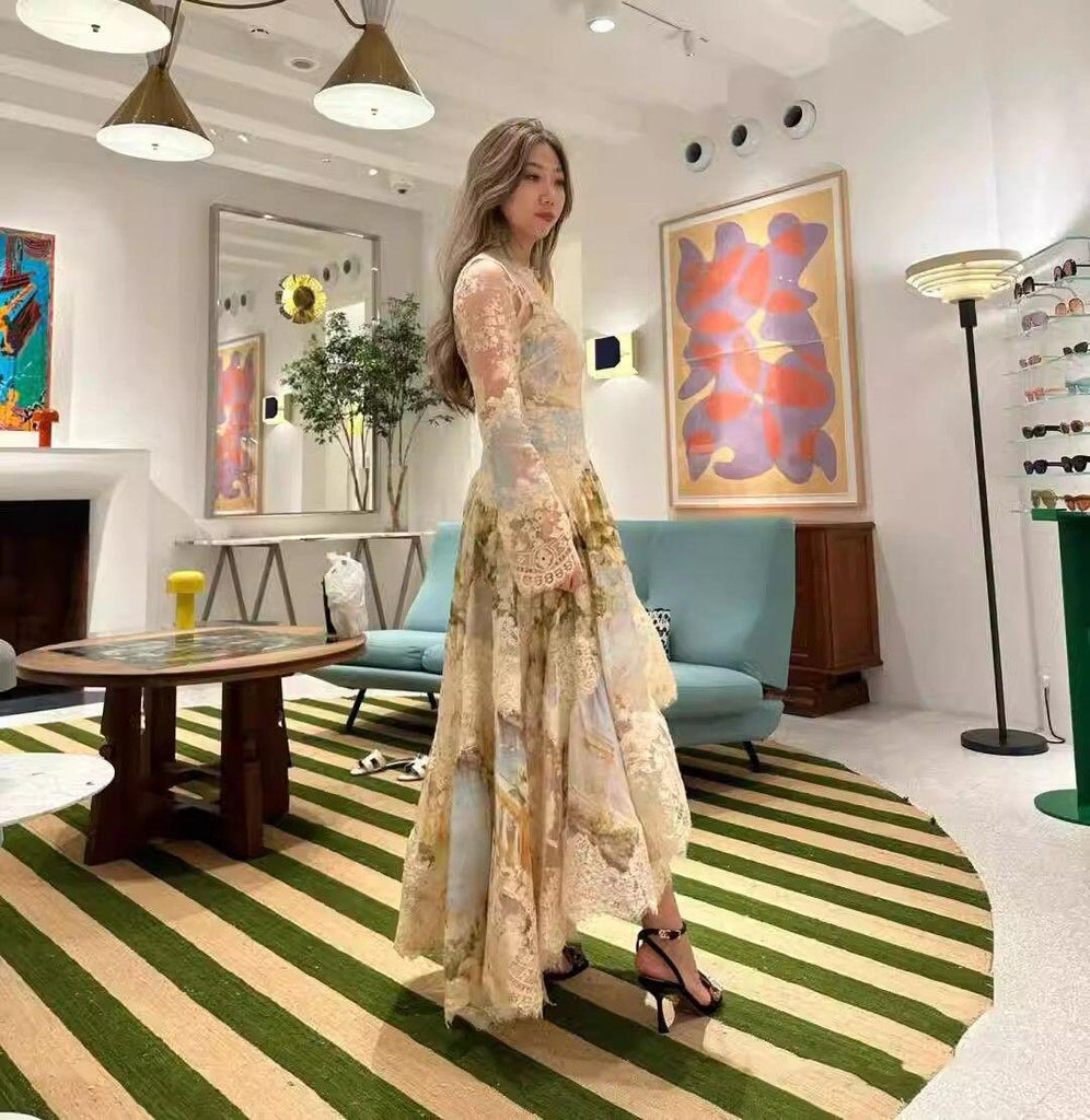 kristin Long Sleeves Floral Printed Asymmetric Lace Maxi Dress - Stylish beautiful dress for special occasions | Buy Online