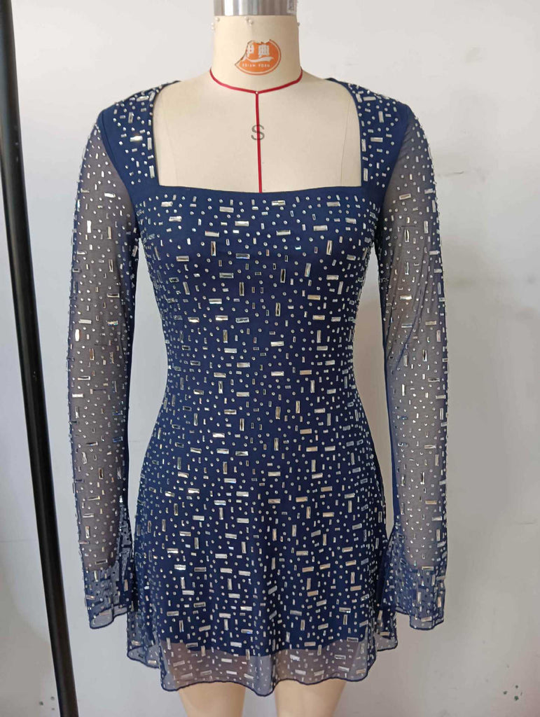 clementine navy Long Sleeve Rhinestone Mesh Mini Dress - Stylish beautiful dress for special occasions | Buy Online