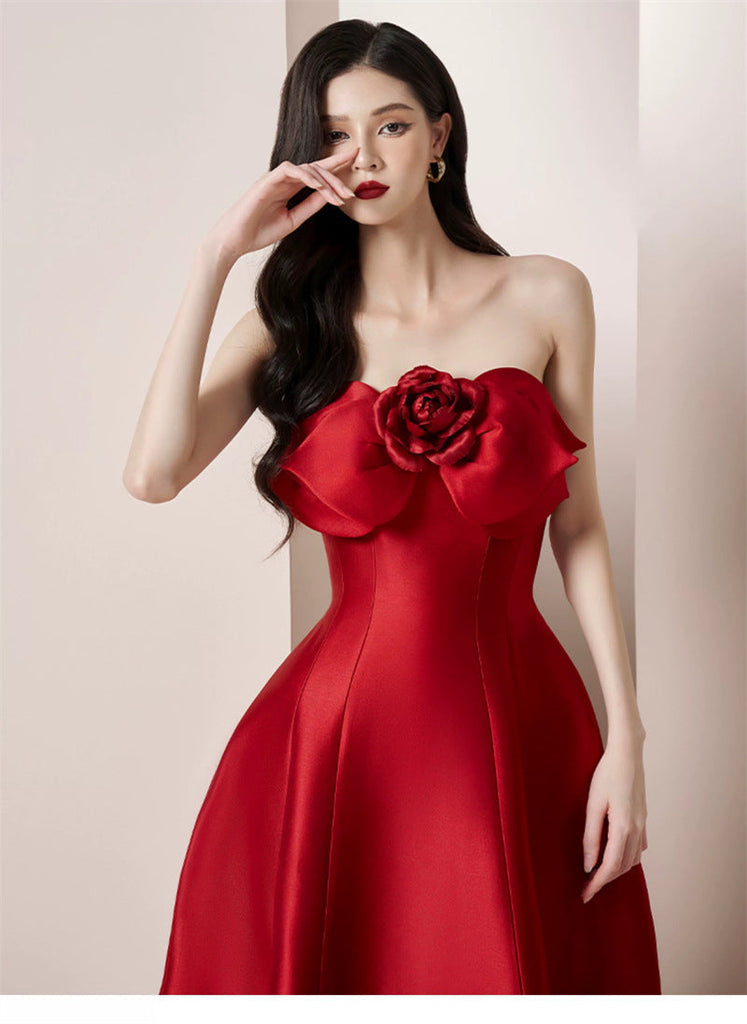 mignon 3d flower satin strapless midi dress in red - Stylish red dress for special occasions | Buy Online