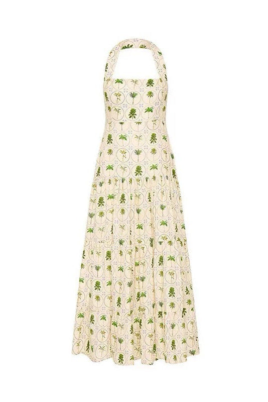 halter neck backless layered floral print maxi dress in green - Stylish red dress for special occasions | Buy Online