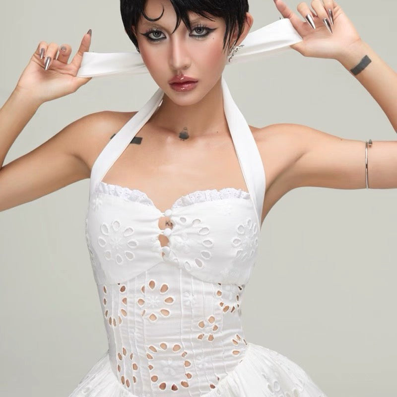 halter embroidered hollow mini dress in white - Stylish red dress for special occasions | Buy Online