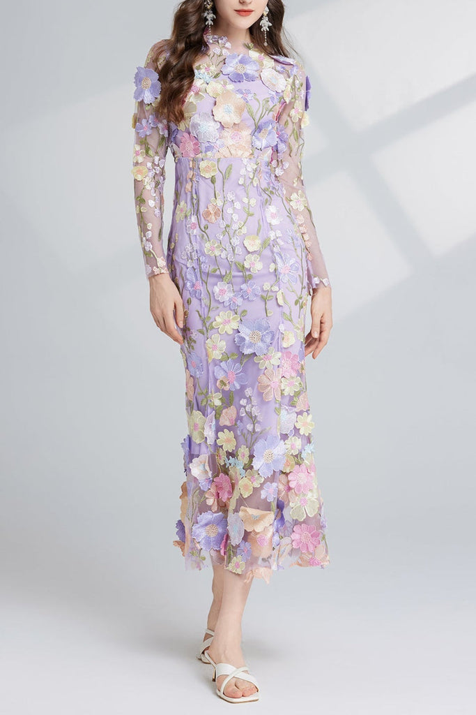 Stylish purple dress | CAROL PURPLE FLORAL EMBROIDERY MESH LONG SLEEVE MIDI DRESS - Ideal for special occasions