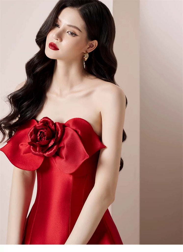 Shop  red dress - Perfect for special occasions | mignon 3d flower satin strapless midi dress in red