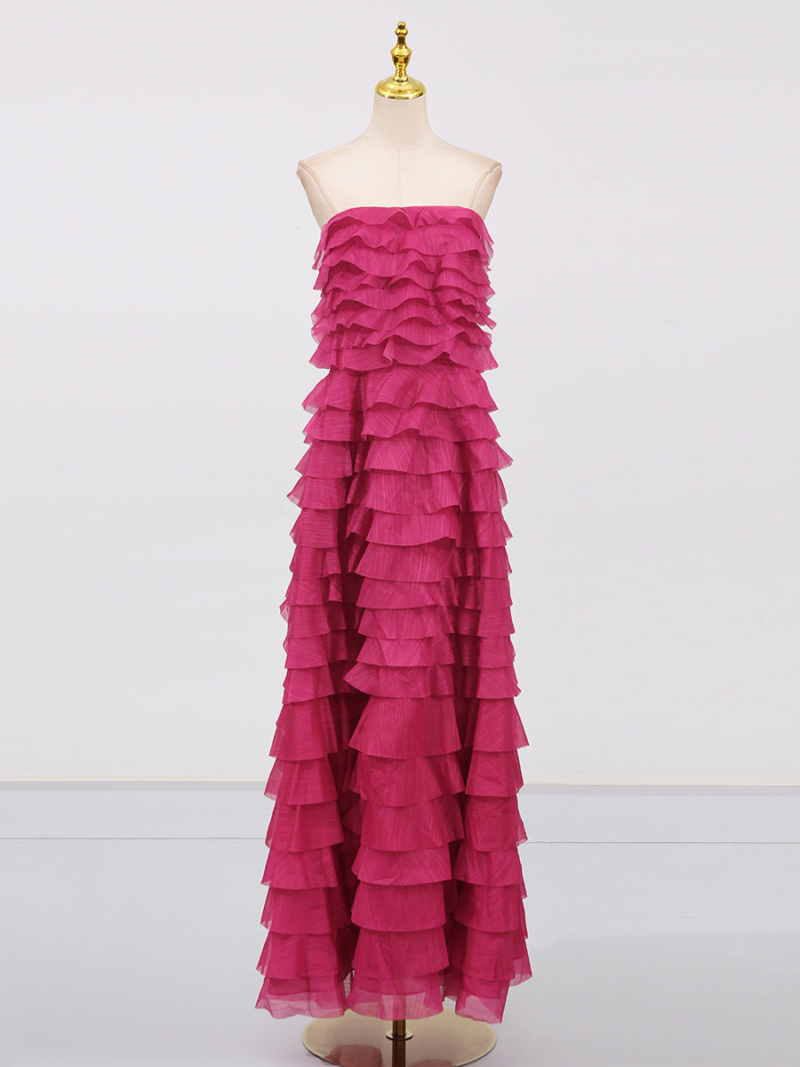 cathy Pleated layer strapless maxi dress in rose red