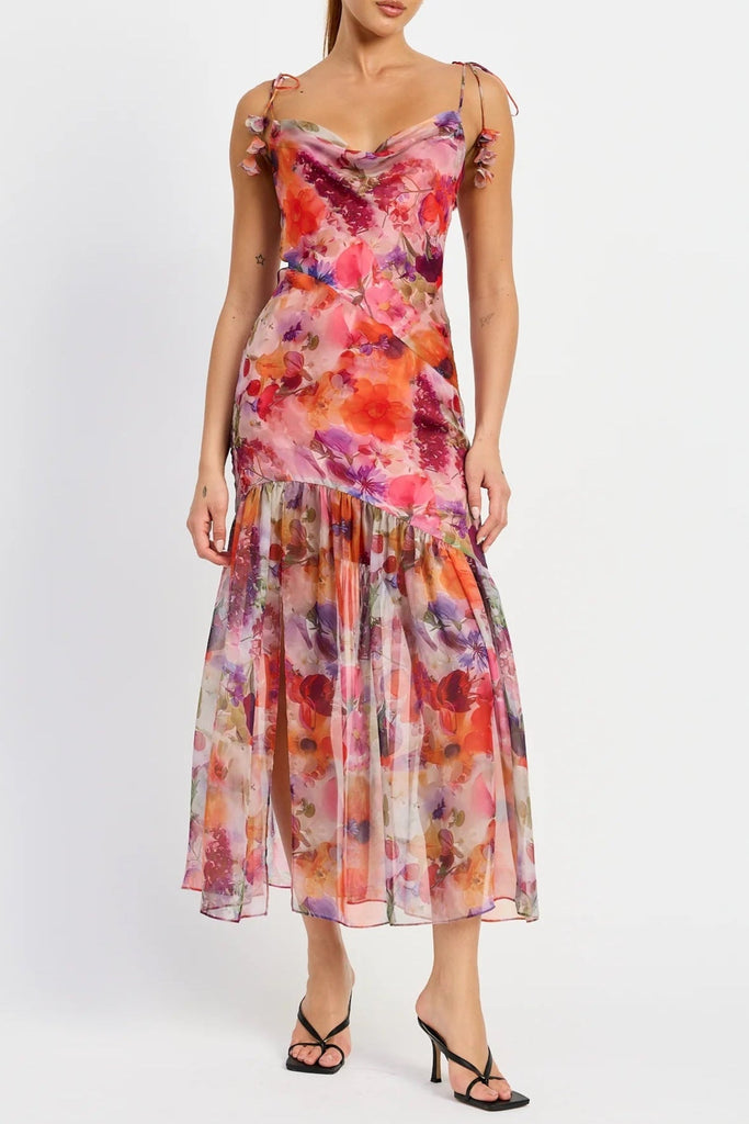 Red Multi Floral Tie Strap Midi Dress - Stylish red dress for special occasions | Buy Online