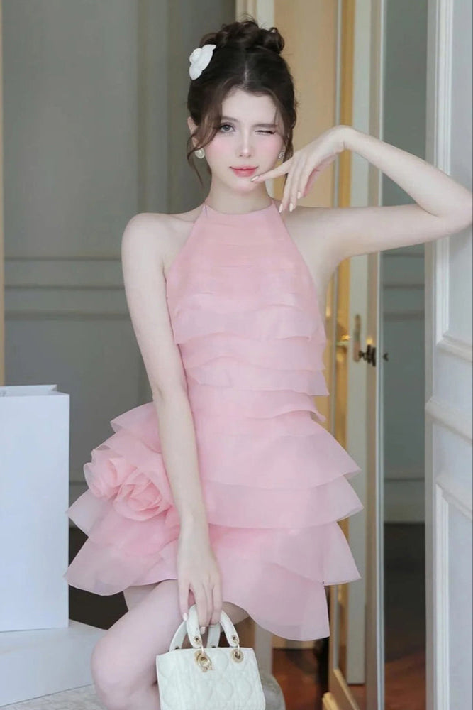 Stylish pink dress | 3d flower halter ruffle layer mini dress in pink - Ideal for special occasions