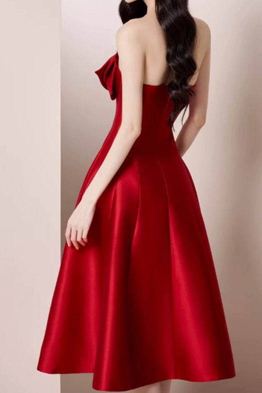 Shop  red dress - Perfect for special occasions | mignon 3d flower satin strapless midi dress in red