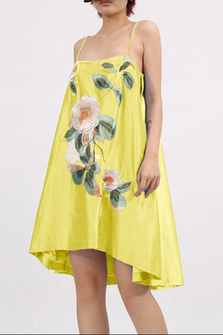 evangeline applique floral Embroidered Mini Dress in yellow