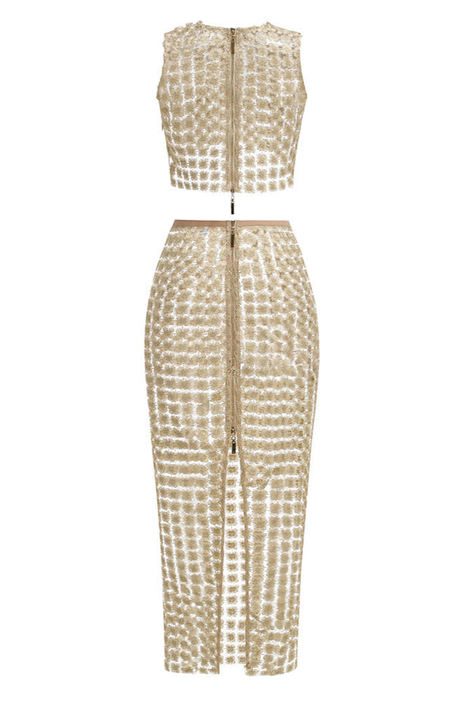 martina apricot Sheer plaid fishtail maxi skirt two piece of set