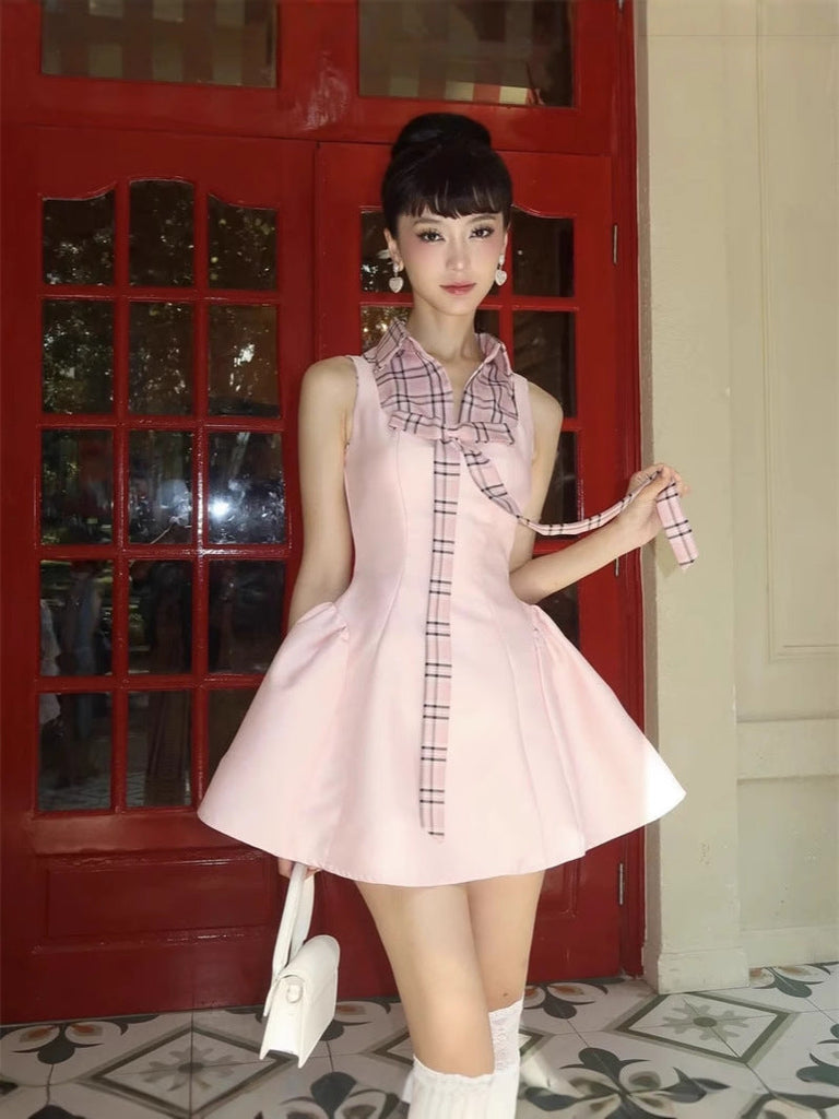 Shop  pink dress - Perfect for special occasions | Checked Shirt Collar Sleeveless Puffy mini Dress in pink