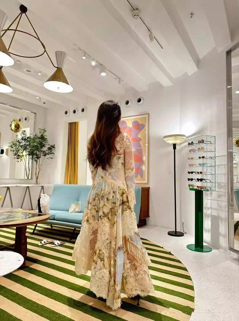 Shop  beautiful dress - Perfect for special occasions | kristin Long Sleeves Floral Printed Asymmetric Lace Maxi Dress