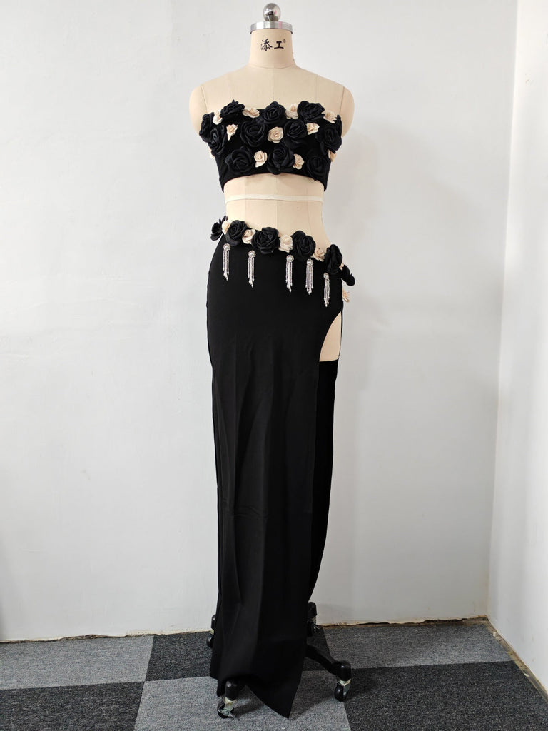 Stylish black maxi | black High Slit Tassels 3d Flowers Strapless Maxi Set - Ideal for special occasions
