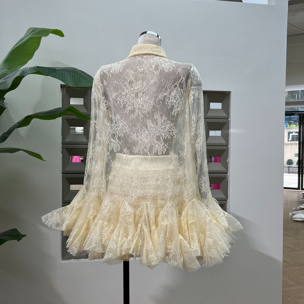 maxine apricot Mesh Lace Ruffled Trumpet Sleeve Shirt Dress Shorts Set - Stylish beautiful dress for special occasions | Buy Online