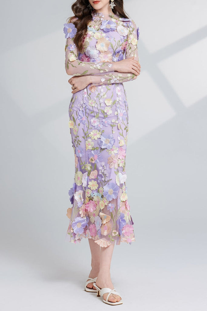 Shop  purple dress - Perfect for special occasions | CAROL PURPLE FLORAL EMBROIDERY MESH LONG SLEEVE MIDI DRESS