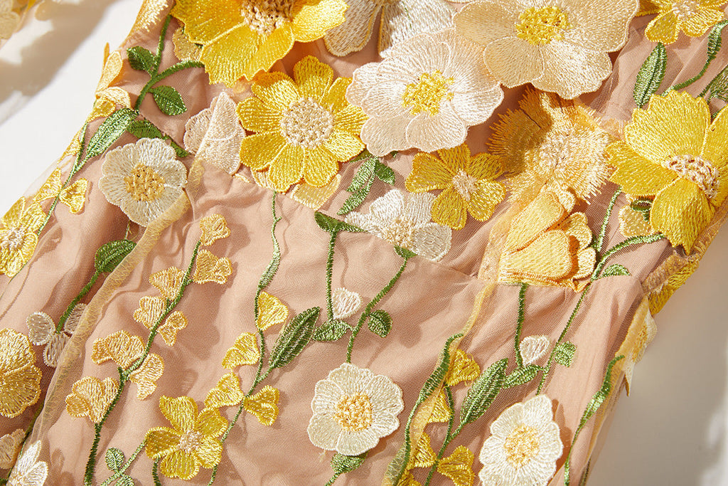 Shop  yellow dress - Perfect for special occasions | CAROL YELLOW FLORAL EMBROIDERY MESH LONG SLEEVE MIDI DRESS