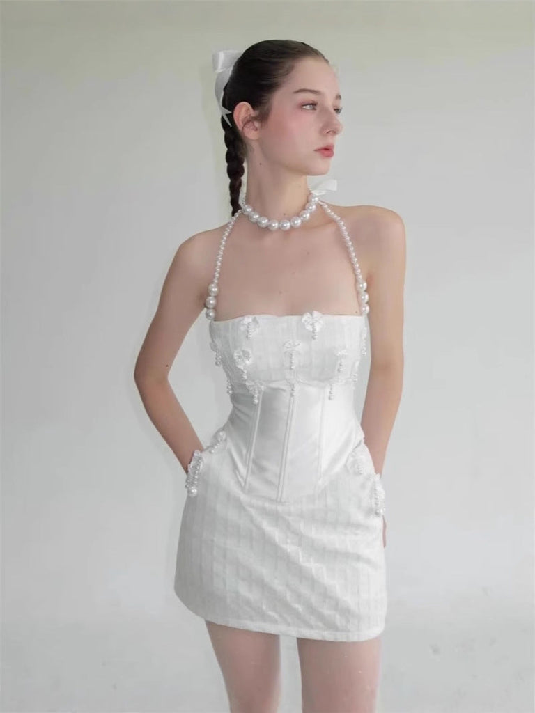 Stylish white dress | pearl fishbone wrap top skirt set in white - Ideal for special occasions