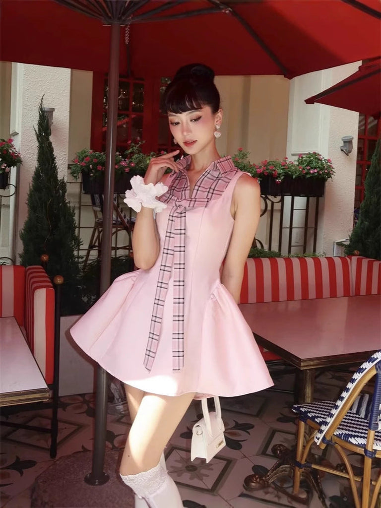 Shop  pink dress - Perfect for special occasions | Checked Shirt Collar Sleeveless Puffy mini Dress in pink
