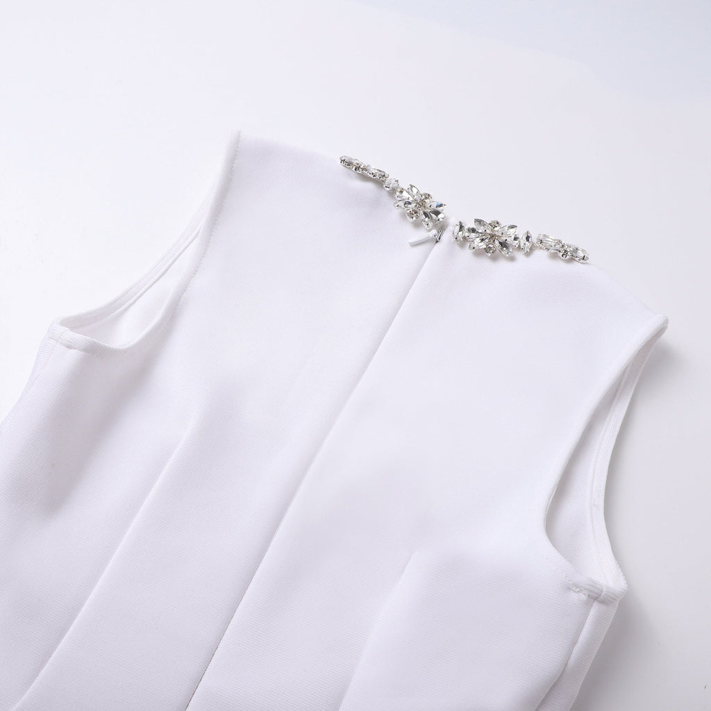 Stylish white dress | roxanne square neck crystal embellished mini dress in white - Ideal for special occasions