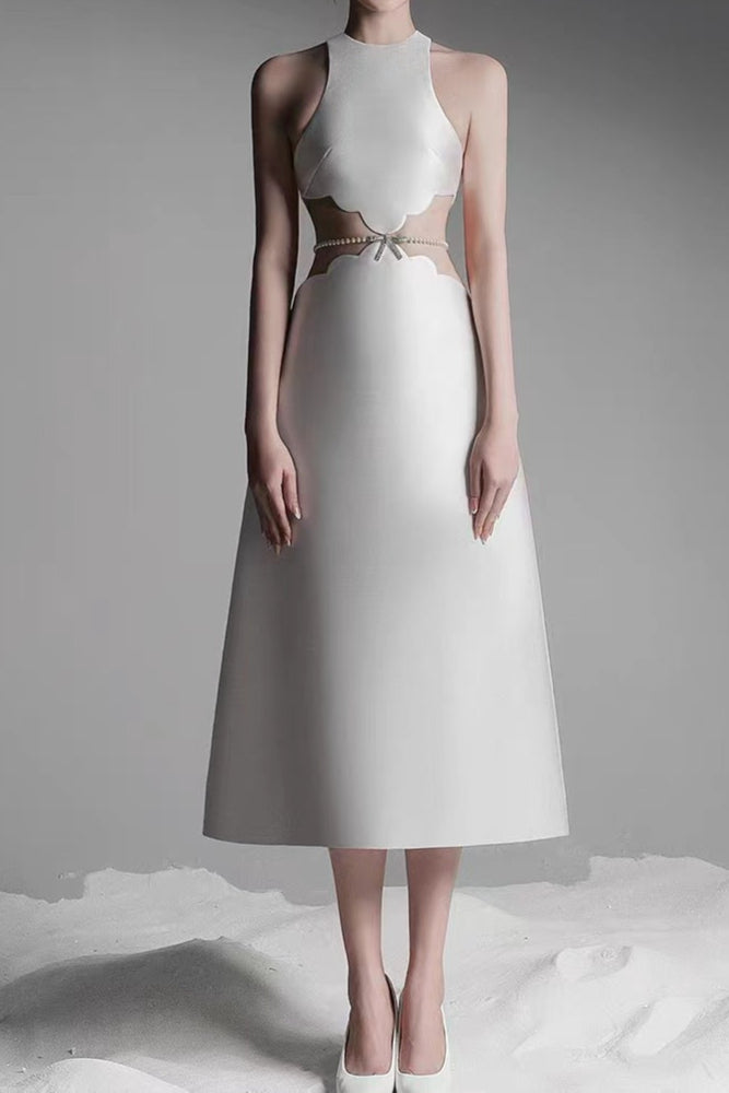 Shop  beautiful dress - Perfect for special occasions | roxanne pearl chain embellished midi dress in apricot