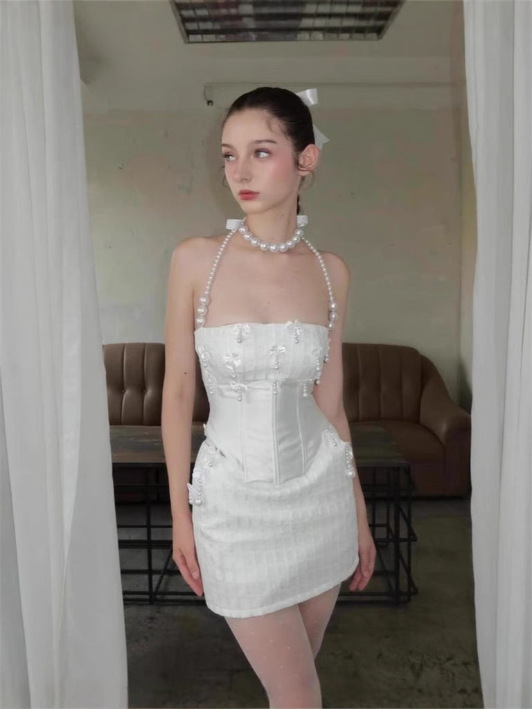 Shop  white dress - Perfect for special occasions | pearl fishbone wrap top skirt set in white