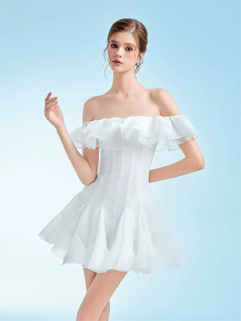 stephanie off-shoulder ruffle trim mini dress in white - Stylish white dress for special occasions | Buy Online