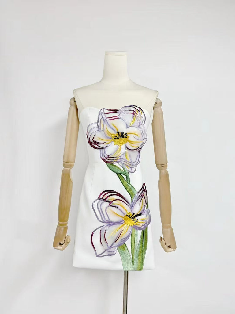 Shop  white dress - Perfect for special occasions | Rosario Appliqué Floral Bustier Mini Dress in white