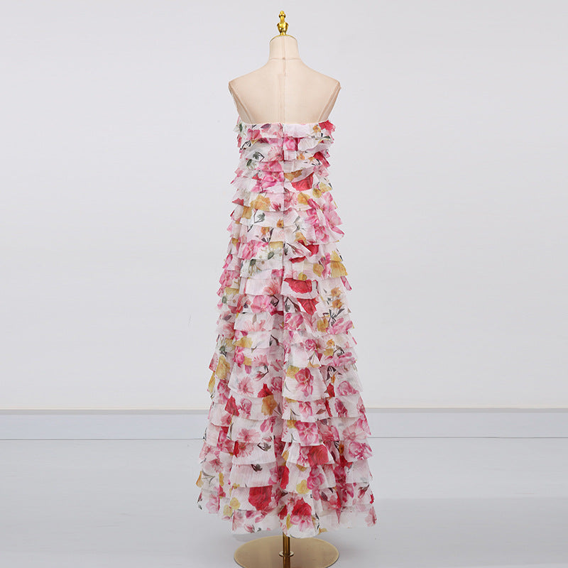 Shop  pink dress - Perfect for special occasions | cathy floral print Pleated layer strapless maxi dress in pink