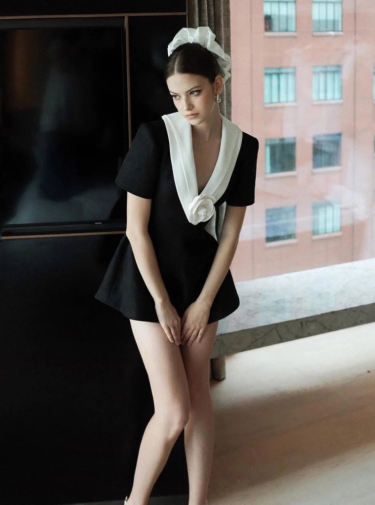 Shop  white dress - Perfect for special occasions | v neck white 3d flower Jumpsuit in black